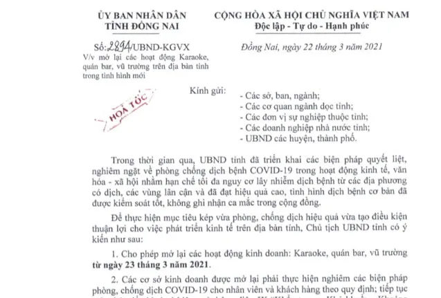 Đồng Nai cho phép karaoke, quán bar hoạt động trở lại