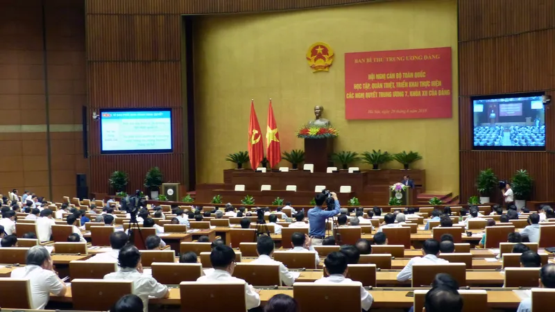 Toàn cảnh điểm cầu Hà Nội của hội nghị sáng nay. Ảnh TRẦN BÌNH