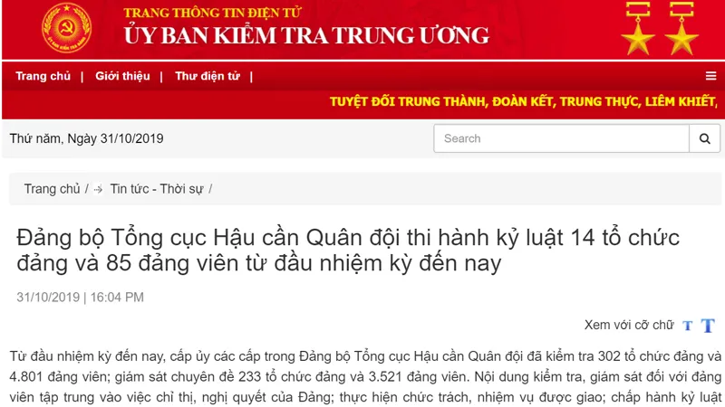 14 tổ chức đảng và 85 đảng viên thuộc Đảng bộ Tổng cục Hậu cần bị kỷ luật