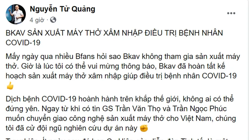 Bkav tham gia sản xuất máy thở điều trị bệnh nhân mắc Covid-19