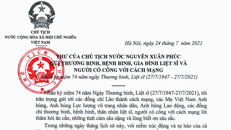 Thư của Chủ tịch nước Nguyễn Xuân Phúc nhân kỷ niệm 74 năm Ngày Thương binh - Liệt sĩ