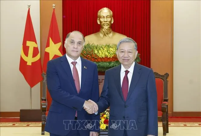 Tổng Bí thư Tô Lâm tiếp Thư ký Hội đồng An ninh quốc gia Belarus A.Volfovich. Ảnh: TTXVN 