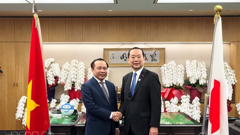 越南政府副总理兼科技部部长武海军（左）与日本总务大臣藤井久之共同出席会晤。图：越通社
