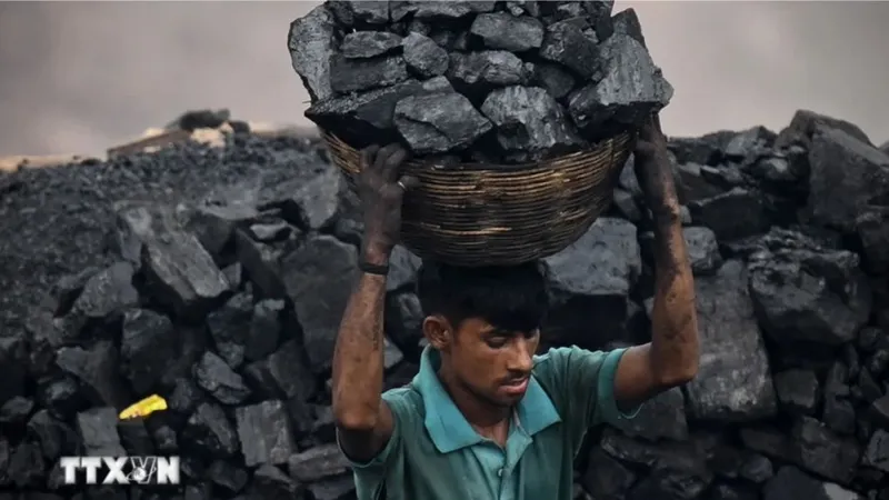Thu nhặt than đá tại một khu mỏ ở ngoại ô Dhanbad, Ấn Độ. Ảnh: AFP/TTXVN