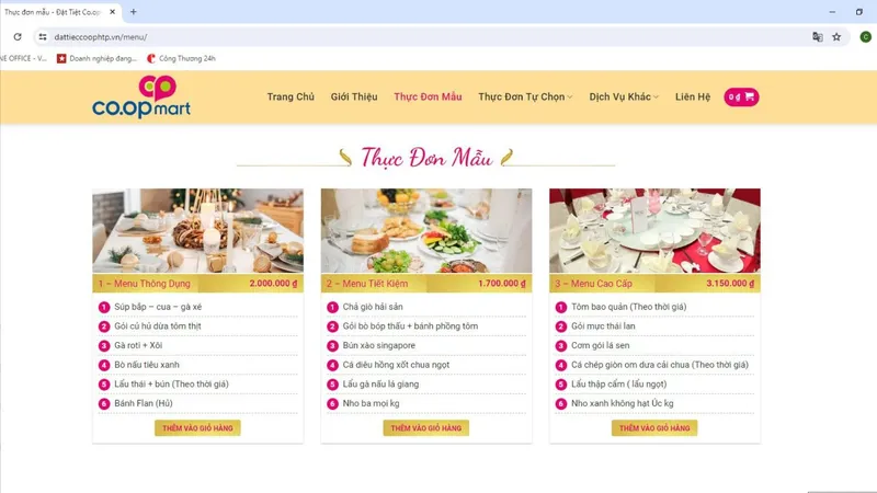 Thực đơn mẫu của dịch vụ Co.op Party