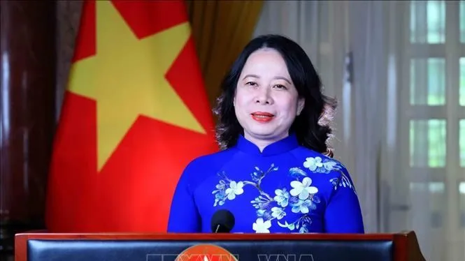 Phó Chủ tịch nước Võ Thị Ánh Xuân phát biểu bằng hình thức ghi hình. Ảnh: TTXVN
