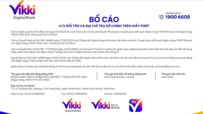 Bố cáo về việc Ngân hàng Thương mại cổ phần Đông Á đổi tên và địa chỉ trụ sở chính trên giấy phép