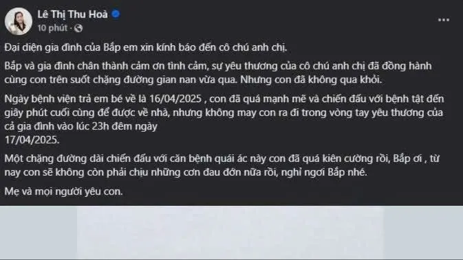 Thông tin bé Bắp qua đời được thông tin trên mạng xã hội