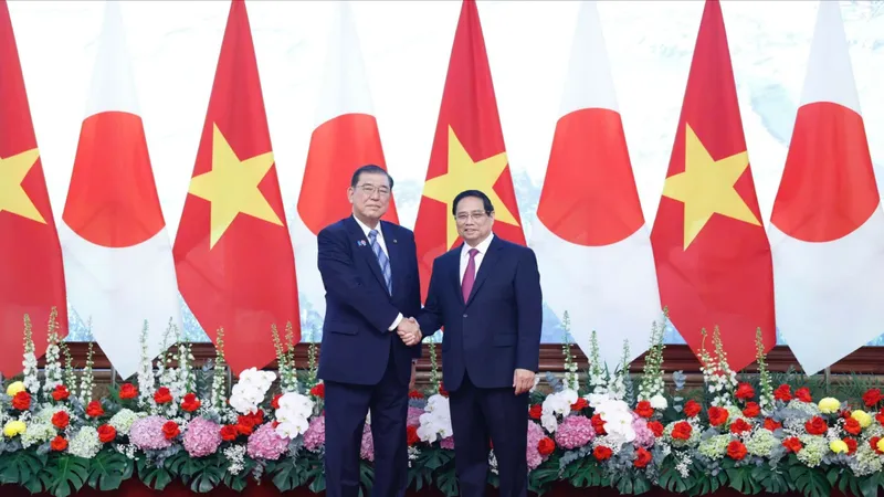 Thủ tướng Phạm Minh Chính và Thủ tướng Nhật Bản Ishiba Shigeru chụp ảnh chung trước khi tiến hành hội đàm. Ảnh VIẾT CHUNG