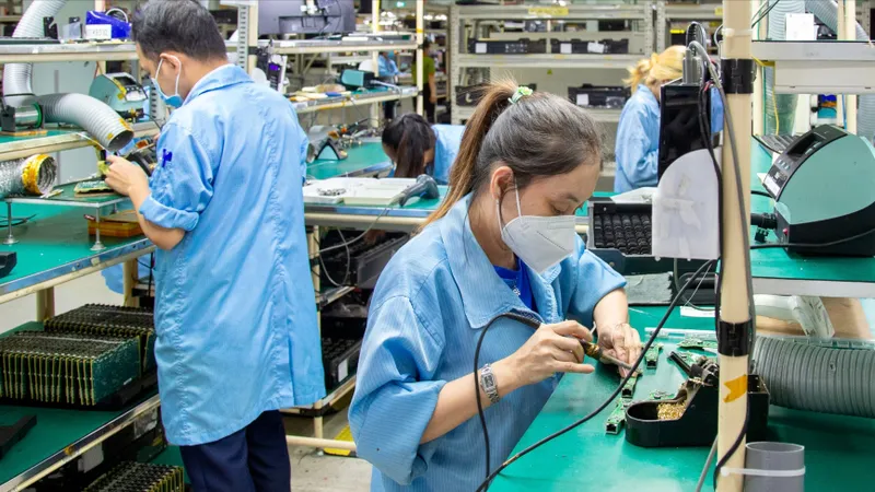 Công nhân làm việc trên dây chuyền sản xuất thiết bị điện tử tại Công ty Datalogic, Khu Công nghệ cao TPHCM (ẢNH: HOÀNG HÙNG)