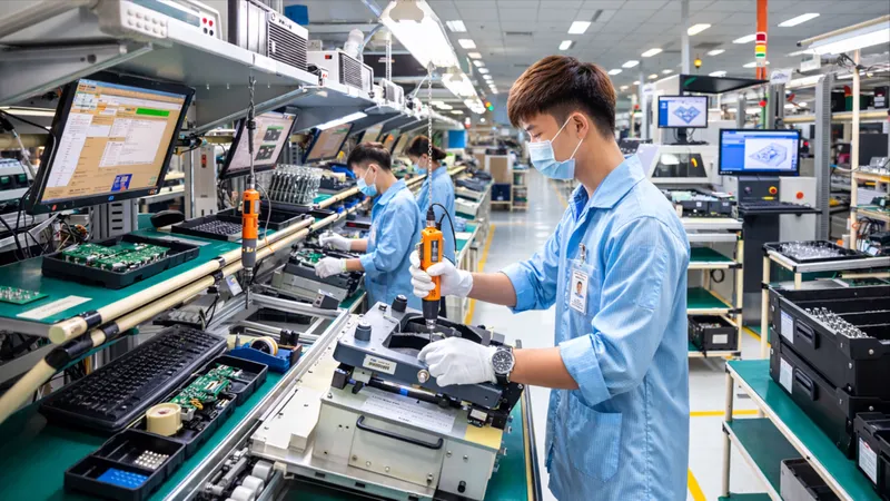 Công nhân Công ty TNHH Datalogic Việt Nam (Khu Công nghệ cao TPHCM) làm việc trên dây chuyền sản xuất thiết bị điện tử (ẢNH: HOÀNG HÙNG)