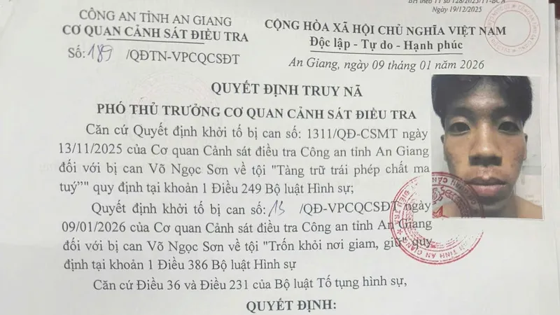 Quyết định truy nã Võ Ngọc Sơn tội trốn khỏi nơi giam giữ