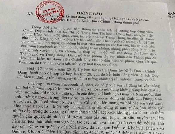 Khai trừ đảng một chuyên viên Văn phòng UBND TPHCM