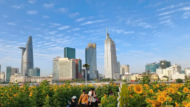 Người dân đến ngắm vườn hoa hướng dương tại Công viên bờ sông Sài Gòn