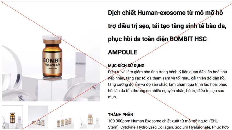 Quảng cáo BOMBIT HSC là “…Human-Exosome chiết xuất từ mô mỡ người…” 