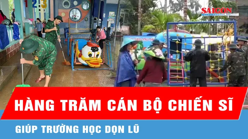 Đồn Biên phòng Vinh Hiền (BĐBP TP Huế) hỗ trợ cô trò Trường mầm non Lộc Bình vệ sinh môi trường ngay sau khi lũ rút