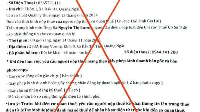 Quảng Ngãi: Phát hiện thủ đoạn giả mạo văn bản cơ quan thuế, lừa đảo khách hàng