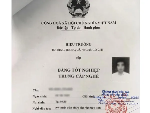 Bằng tốt nghiệp Trung cấp nghề của thí sinh V.A.T