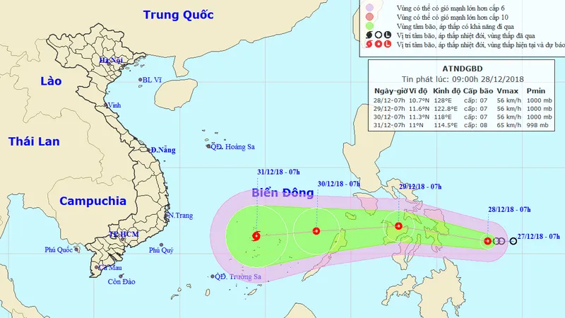 Dự báo về đường đi của áp thấp nhiệt đới có thể mạnh lên thành bão. Ảnh: TTDBKTTVQG