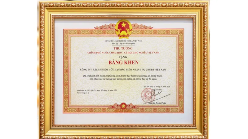 Chubb Life Việt Nam nhận bằng khen của Thủ tướng Chính phủ