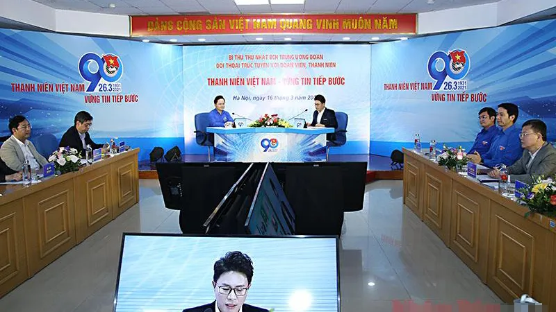 Cuộc đối thoại trực tuyến giữa Bí thư Thứ nhất Trung ương Đoàn Nguyễn Anh Tuấn với đoàn viên, thanh niên, thiếu nhi trong và ngoài nước chiều 16-3-2021. Ảnh: nhandan