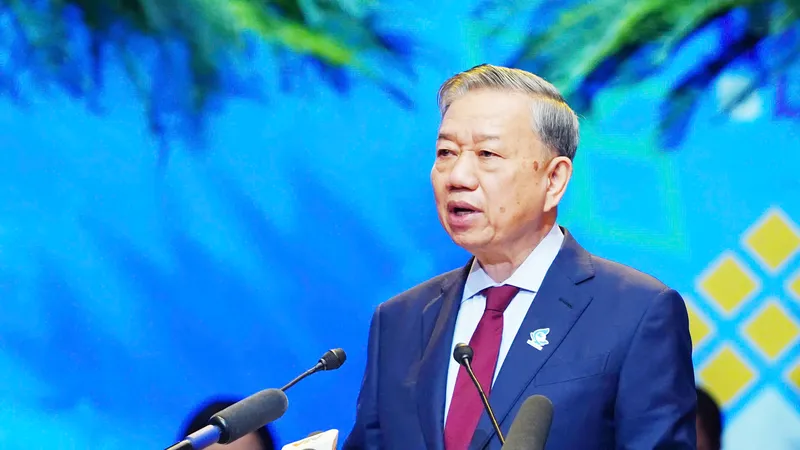 Tổng Bí thư Tô Lâm phát biểu tại phiên trọng thể Đại hội đại biểu toàn quốc Hội Liên hiệp Thanh niên Việt Nam lần IX. Ảnh: QUANG PHÚC.