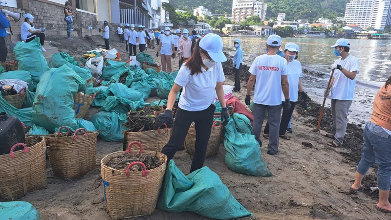 Đông đảo người dân tham gia gom rác dạt vào bờ biển TP Vũng Tàu