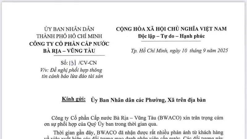 Văn bản đề nghị phối hợp thông tin cảnh báo lừa đảo chiếm đoạt tài sản của BWACO