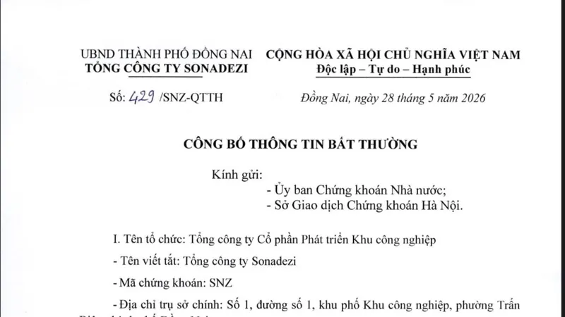 Văn bản công bố thông tin bất thường của Tổng công ty Sonadezi.