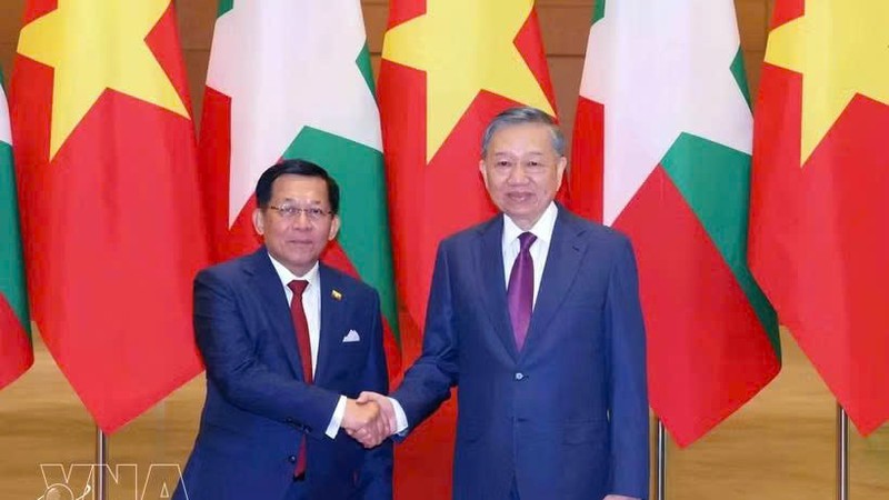 越南党中央总书记、国家主席苏林同缅甸总统敏昂莱举行会谈。 图自越通社