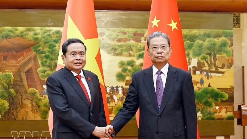 越南国会主席陈青敏与中国全国人大常委会委员长赵乐际。图自越通社