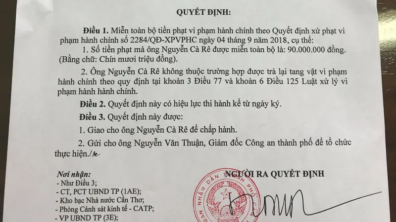 Chính thức miễn tiền phạt 90 triệu đồng cho ông Nguyễn Cà Rê