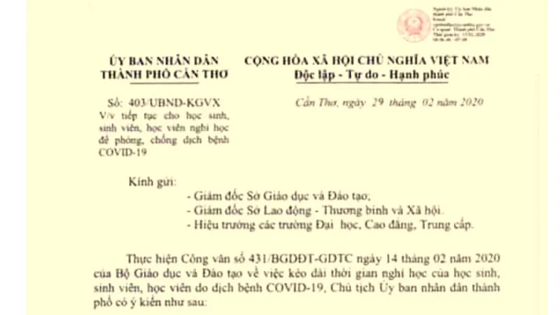 Cần Thơ điều tra công văn giả thông báo học sinh nghỉ hết tháng 3