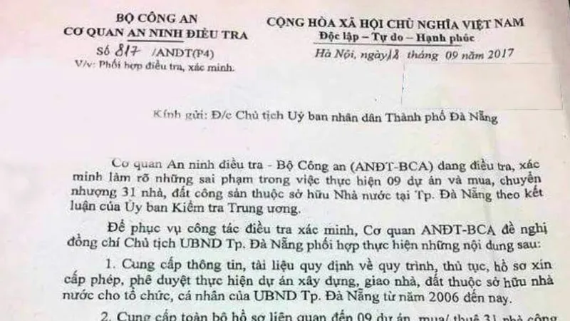 Bộ Công an yêu cầu Chủ tịch UBND TP Đà Nẵng phối hợp điều tra việc mua bán nhà công sản