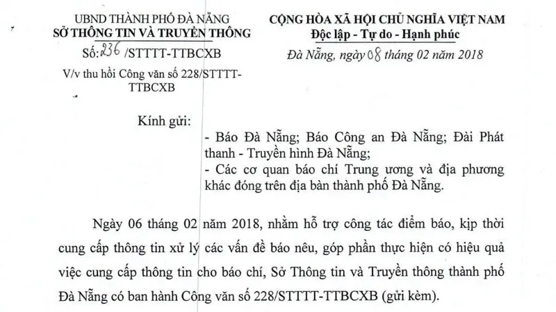 Đà Nẵng thu hồi văn bản không phù hợp với Luật Báo chí 