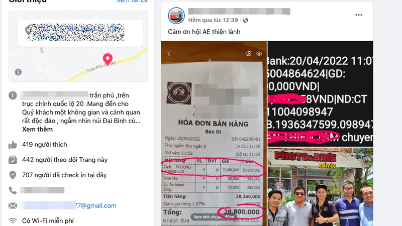 Thực hư hoá đơn 28,8 triệu đồng/4 ly cà phê tại Bảo Lộc