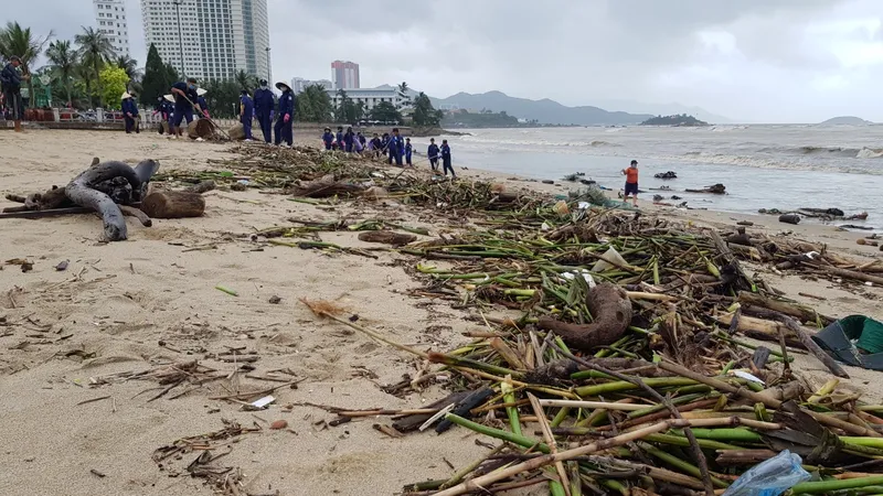Biển Nha Trang “ngập” rác sau mưa lũ