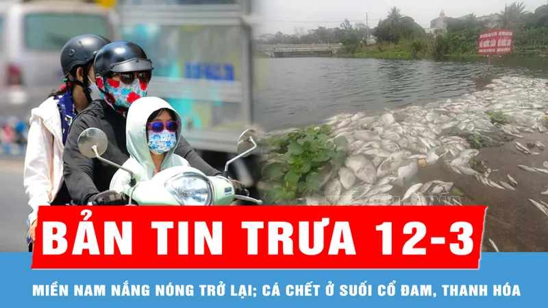 Bản tin trưa 12-3: Miền Nam giảm mưa trái mùa, nắng nóng trở lại; Nguyên nhân cá chết ở suối Cổ Đam, Thanh Hóa