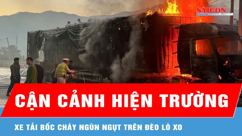 Xe tải bốc cháy ngùn ngụt trên đèo Lò Xo