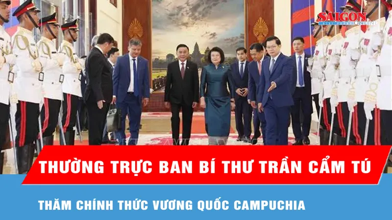 Lễ đón trọng thể Thường trực Ban Bí thư Trần Cẩm Tú thăm chính thức Vương quốc Campuchia