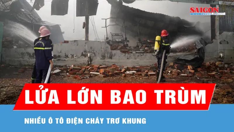 Gia Lai: Lửa lớn bao trùm khu xưởng, nhiều ô tô điện cháy trơ khung 
