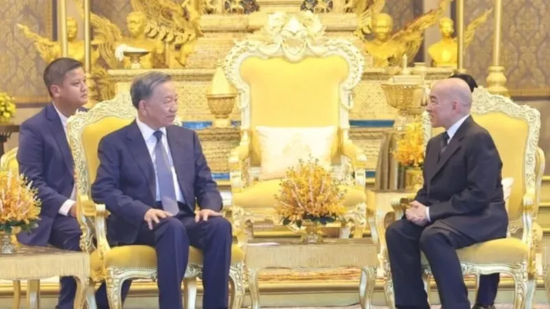Chủ tịch nước Tô Lâm hội kiến Quốc vương Norodom Sihamoni tại Cung điện Hoàng gia Campuchia. Ảnh: TTXVN