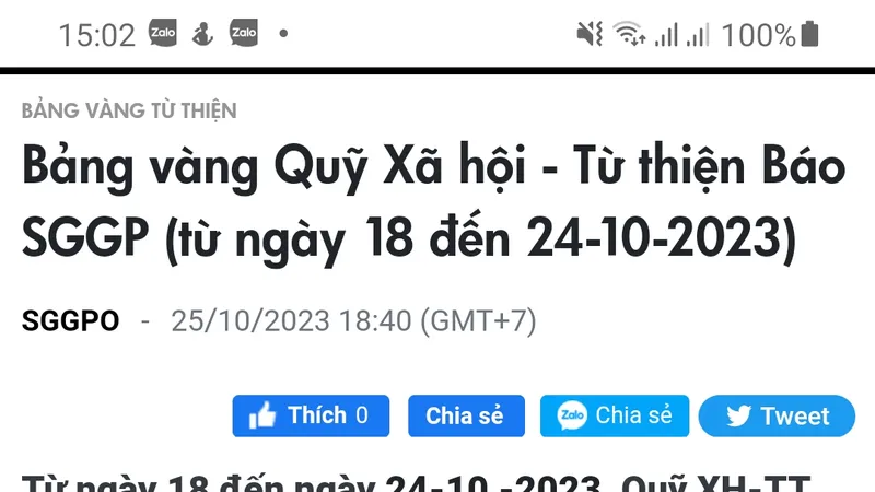 Bảng vàng Quỹ Xã hội - Từ thiện Báo SGGP (từ ngày 23 đến ngày 29-10-2024)
