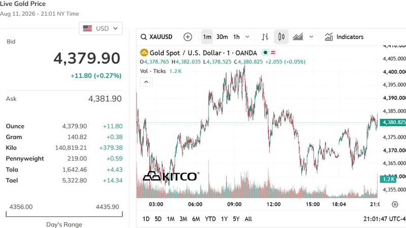  8月11日国际金价走势。来源：Kitco 