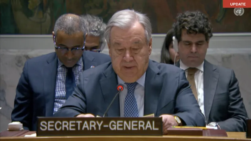 Tổng thư ký LHQ Antonio Guterres tại phiên họp đặc biệt khẩn cấp thảo luận về các cuộc tấn của Israel và Mỹ nhằm vào Iran. Ảnh: UNTV/ARAB NEWS 