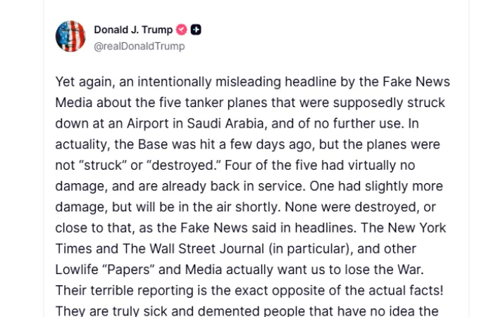 Bài đăng của Tổng thống Mỹ Donald Trump trên mạng xã hội Truth Social. Ảnh: TRUTH SOCIAL 