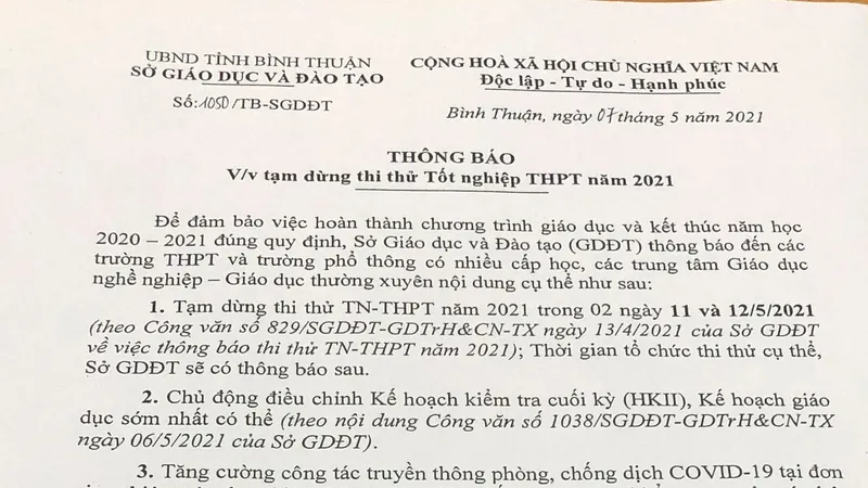  Bình Thuận tạm dừng thi thử tốt nghiệp THPT.