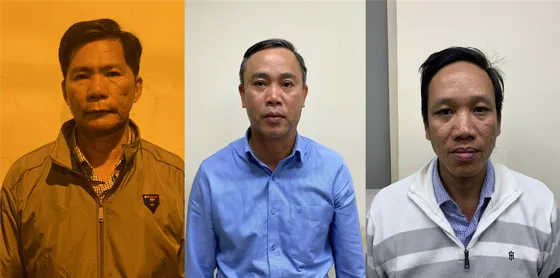 Các bị can bị khởi tố, bắt tạm giam (từ trái qua phải): Đặng Hoài Nhân, Nguyễn Thanh Cho, Lê Nam Hưng