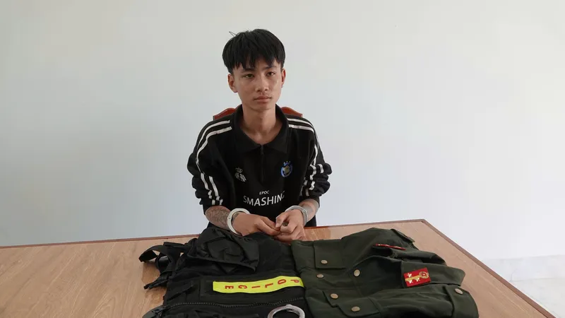Đối tượng Nguyễn Phạm Hoàng Dương cùng bộ trang phục giống cảnh sát cơ động