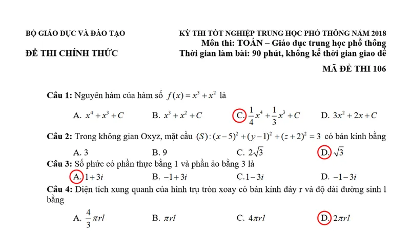 Nhận xét đề thi THPT quốc gia 2018 môn toán mã đề 106